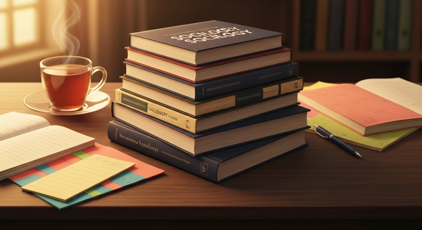 Sociology books neatly stacked on desk